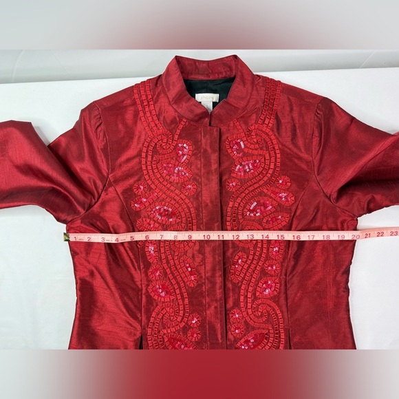 Chicos Silk Look Dress Jacket Ribbon Sequins Terracotta Red Hidden Buttons Sz 8 - Picture 5 of 6